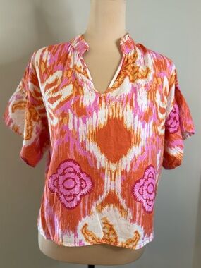 C&C California tie dye floral linen blend top pink orange white SZ M